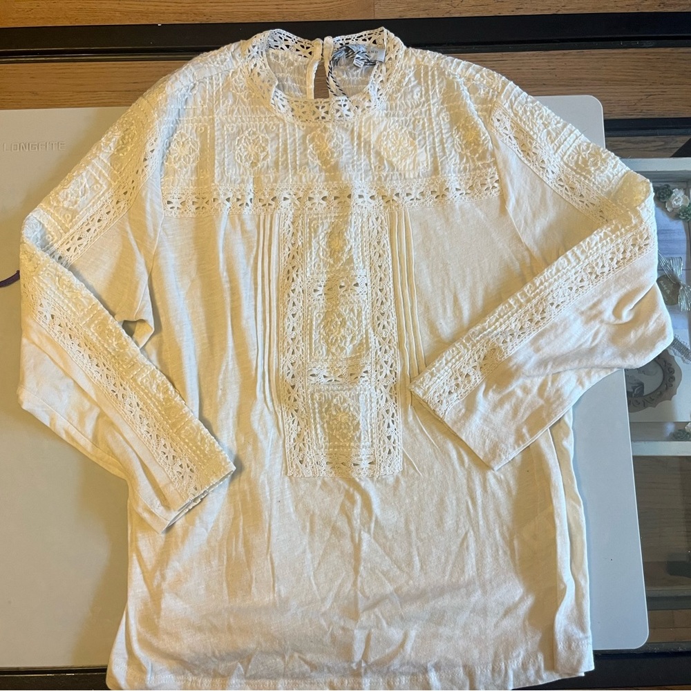 Lucky Brand Ivory Crochet Trimmed Cotton Slub Top SIZE SMALL